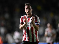 Luke Young of Cheltenham Town applauds the fans after his side's EFL Cup match against Plymouth Argyle, on 14 August 2024