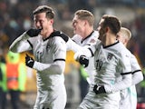 Austria's Michael Gregoritsch celebrates his goal with teammates on November 14, 2024