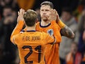 Netherlands' Wout Weghorst celebrates scoring against Hungary on November 16, 2024