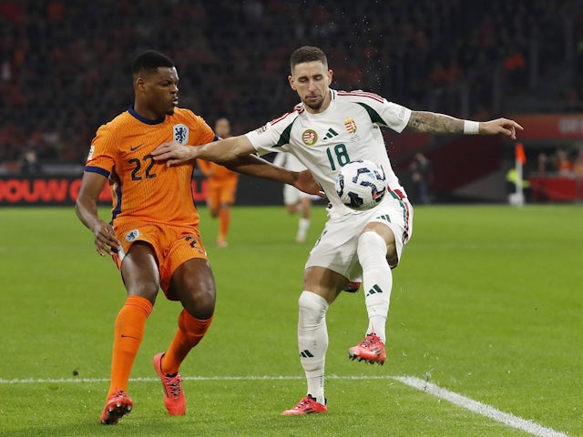 Netherlands' Denzel Dumfries in action against Hungary on November 16, 2024