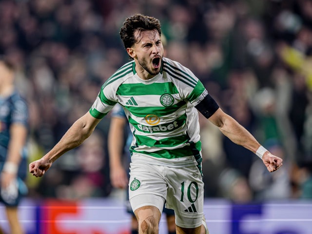 Celtic's Nicolas Kuhn celebrates scoring on November 5, 2024