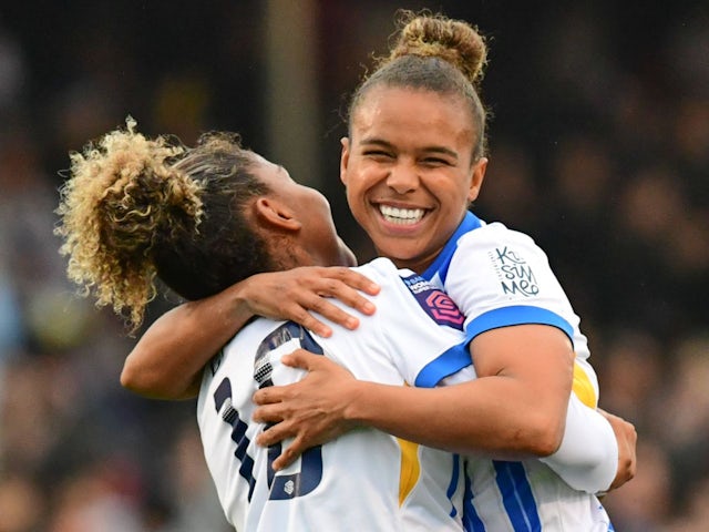 Brighton & Hove Albion Women's Nikita Parris celebrates after scoring on November 3, 2024