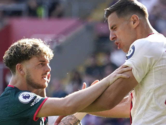 Liverpool's Harvey Elliott and Southampton's Jan Bednarek clash on May 28, 2023