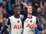 Tottenham Hotspur's James Maddison celebrates scoring with Yves Bissouma on November 3, 2024