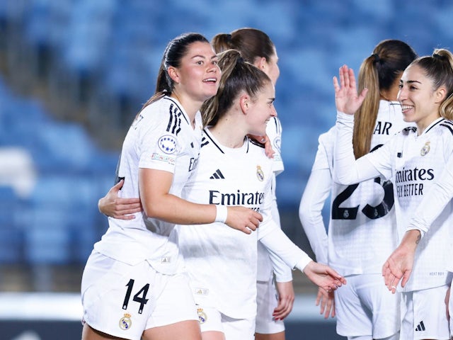 Real Madrid Women's Maria Mendez celebrates scoring on November 13, 2024