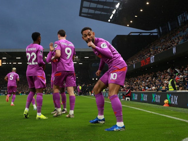 Matheus Cunha of Wolverhampton Wanderers celebrates scoring against Fulham in the Premier League, on November 23, 2024