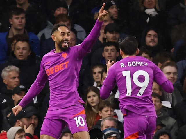 Matheus Cunha of Wolverhampton Wanderers scores a goal and celebrates during his side's match against Fulham, on November 23, 2024