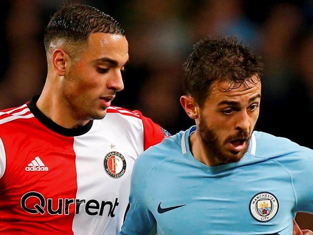 Manchester City's Bernardo Silva and Feyenoord's Sofyan Amrabat pictured on November 21, 2017