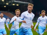 San Marino's Nicola Nanni celebrates with teammates after scoring on November 18, 2024