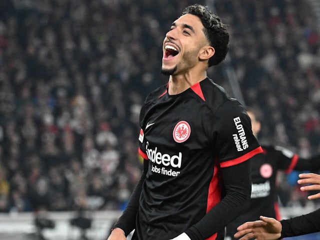 Omar Marmoush of Eintracht Frankfurt celebrates scoring against Stuttgart, on November 10, 2024