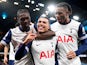 Tottenham Hotspur's Pedro Porro celebrates scoring with Yves Bissouma and Destiny Udogie on November 23, 2024