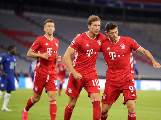 Bayern Munich celebrate a goal against Chelsea in March 2020.