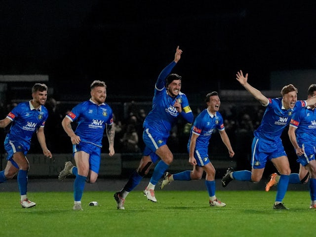 Gainsborough Trinity celebrate FA Cup win over Hednesford Town in November 2024.