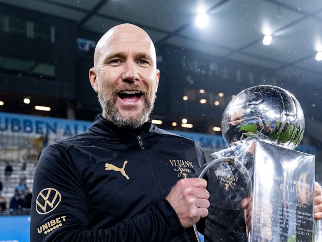 Henrik Rydstrom, head coach of Malmo, celebrates his side's Allsvenskan title win, on November 10, 2024