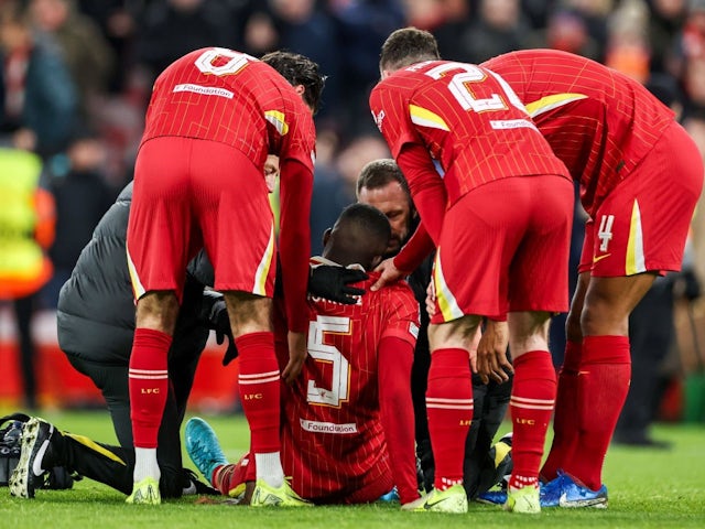 Ibrahima Konate of Liverpool goes down with injury during his side's UEFA Champions League match against Real Madrid, on November 27, 2024