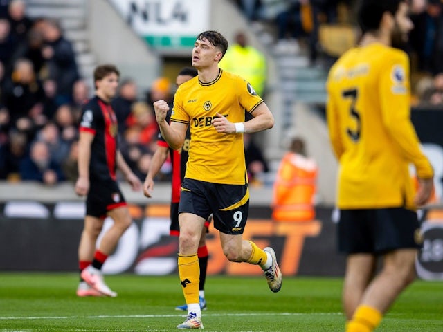 Wolverhampton Wanderers forward Jorgen Strand Larsen scores and celebrates during his side's Premier League match against Bournemouth, on November 30, 2024