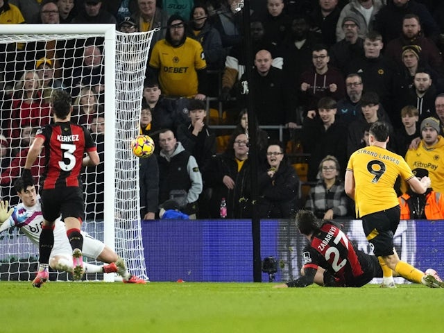 Wolverhampton Wanderers' Jorgen Strand Larsen scores his side's second goal against Bournemouth, on November 30, 2024