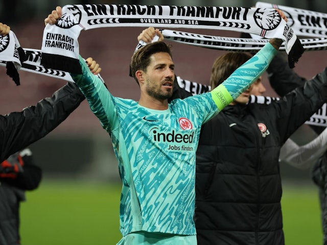 Kevin Trapp of Eintracht Frankfurt during his side's match against Midtjylland, on November 28, 2024