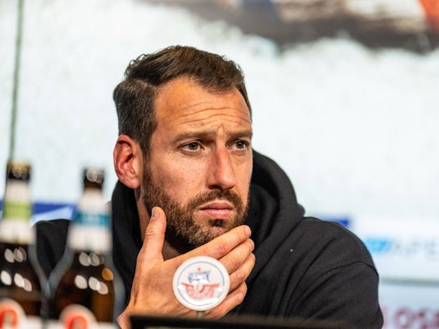 Arminia Bielefeld head coach Michel Kniat in a press conference regarding his side's match against FC Hansa Rostock, on 23 November, 2024