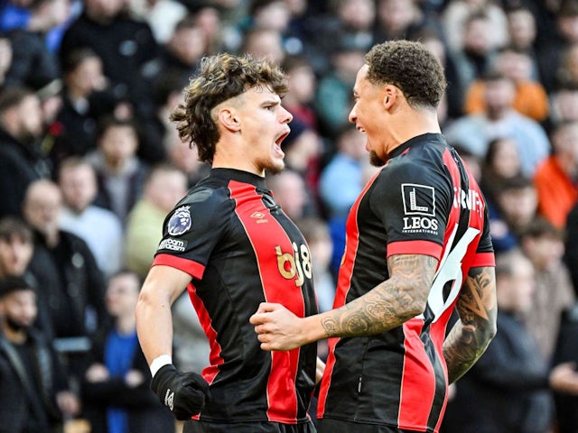 Milos Kerkez of Bournemouth celebrates scoring against Wolverhampton Wanderers, on November 30, 2024