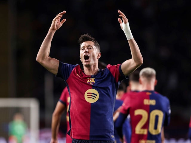 Robert Lewandowski of Barcelona celebrates during his side's Champions League match against Brest, on November 26, 2024