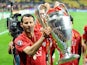 Ryan Giggs celebrates with the Champions League trophy in 2008