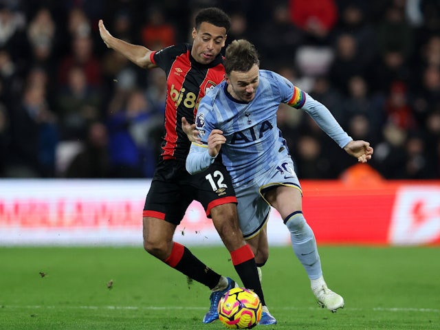 Bournemouth's Tyler Adams and Tottenham Hotspur's James Maddison on December 5, 2024