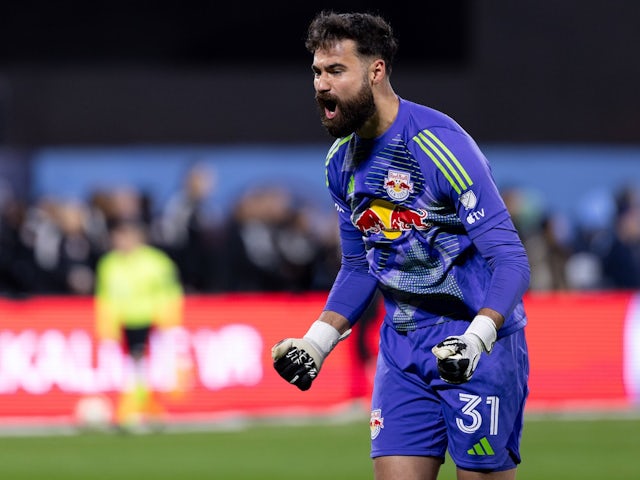  New York Red Bulls goalkeeper Carlos Coronel celebrates a goal scored on November 23, 2024