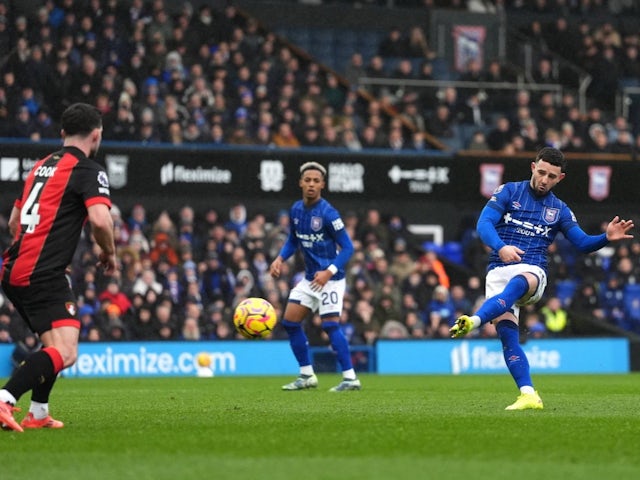 Ipswich Town's Conor Chaplin scores his side's first goal against Bournemouth, on December 8, 2024