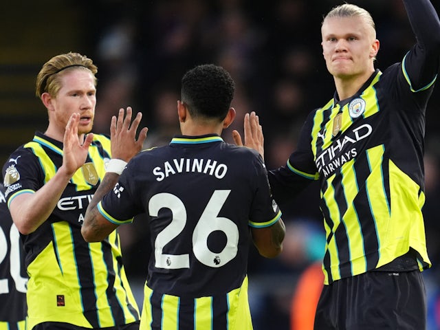 Manchester City's Erling Haaland celebrates scoring on December 7, 2024