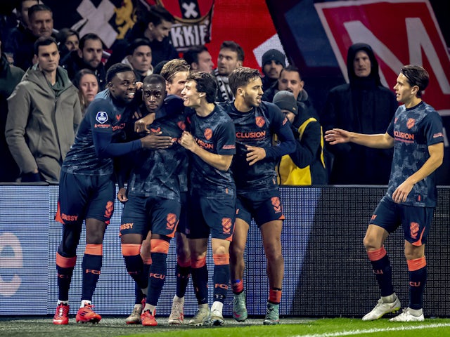 FC Utrecht celebrate a goal at Ajax in December 2024.