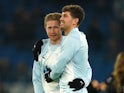 Manchester City's Kevin De Bruyne and John Stones during the warm-up on March 6, 2024