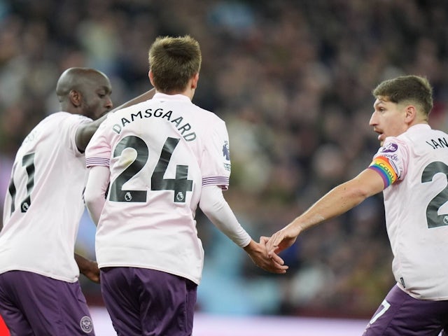 Brentford's Mikkel Damsgaard celebrates scoring against Aston Villa, on December 4, 2024