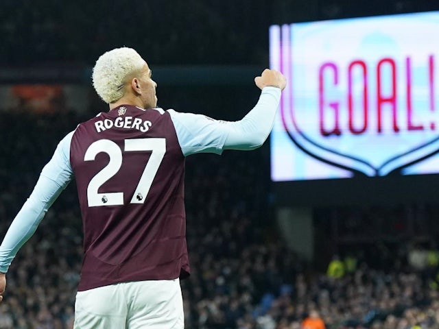 Aston Villa's Morgan Rogers celebrates after scoring against Brentford in the Premier League, on December 4, 2024