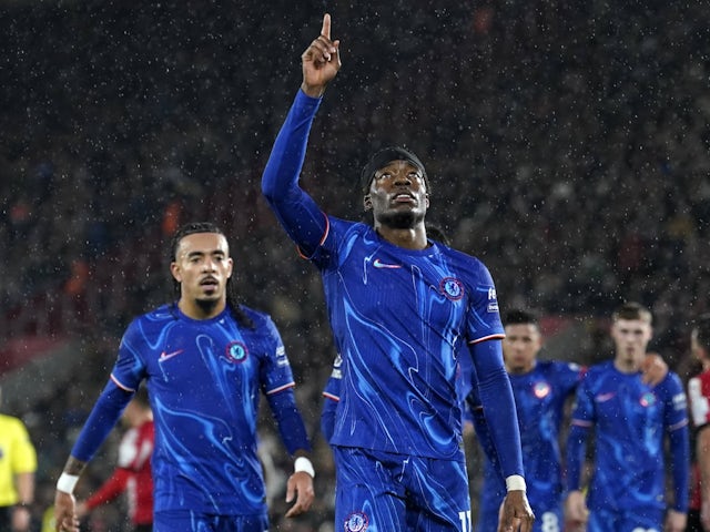 Chelsea's Noni Madueke celebrates scoring against Southampton on December 4, 2024