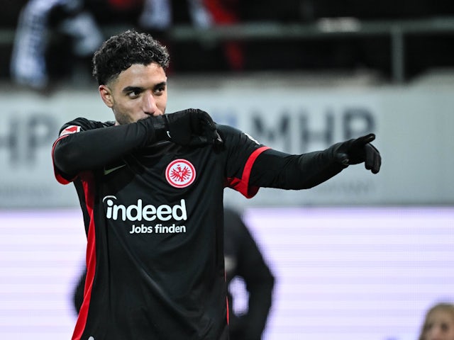 Omar Marmoush celebrates scoring for Eintracht Frankfurt on December 1, 2024