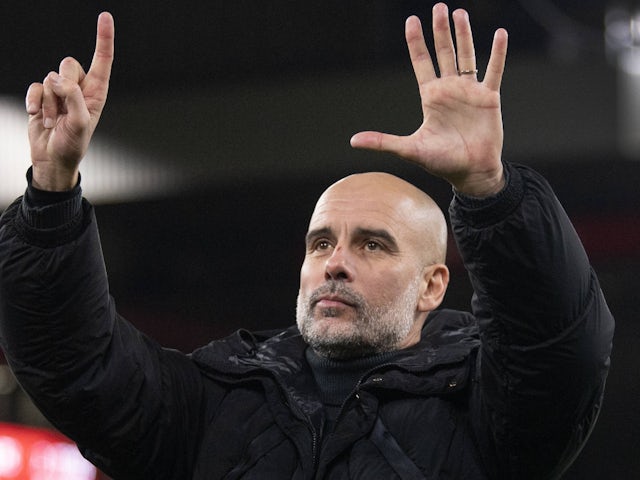 Manchester City manager Pep Guardiola holds up six fingers on December 1, 2024