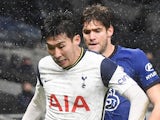 Tottenham Hotspur's Son Heung-min and Chelsea's Marcos Alonso pictured on February 2, 2021