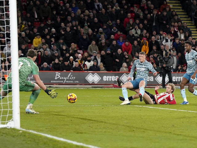 Sheffield United midfielder Tom Davies scores against Sunderland in November 2024.