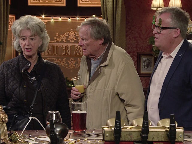 Evelyn, Roy and Brian on Coronation Street on New Year's Eve, 2024