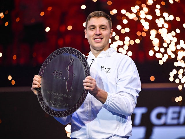 Hamad Medjedovic poses with the trophy after winning the Next Gen ATP Finals on December 2, 2023