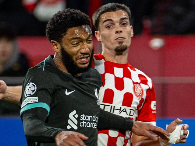 Liverpool's Joe Gomez and Girona's Miguel Gutierrez pictured on December 10, 2024