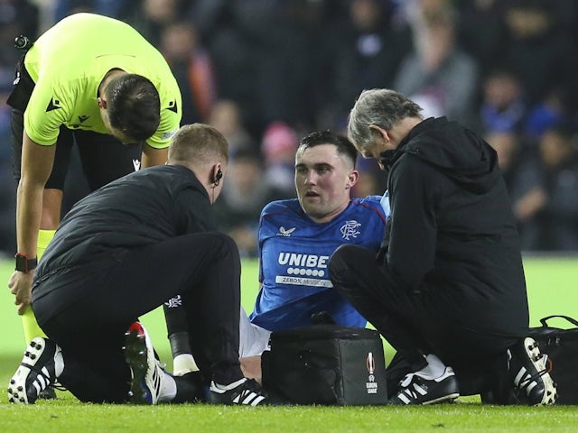 Rangers' John Souttar receives treatment for an injury on December 12, 2024