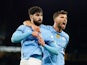 Manchester City's Josko Gvardiol celebrates scoring with Ruben Dias on December 15, 2024