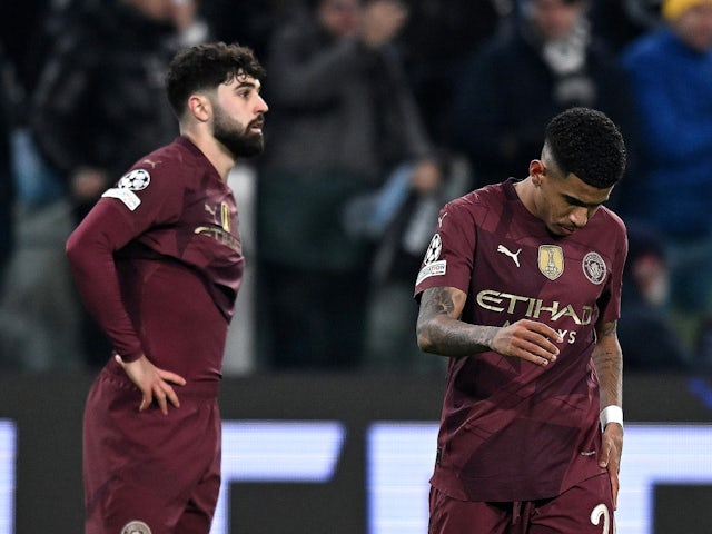 Manchester City's Josko Gvardiol and Savinho look dejected on December 11, 2024