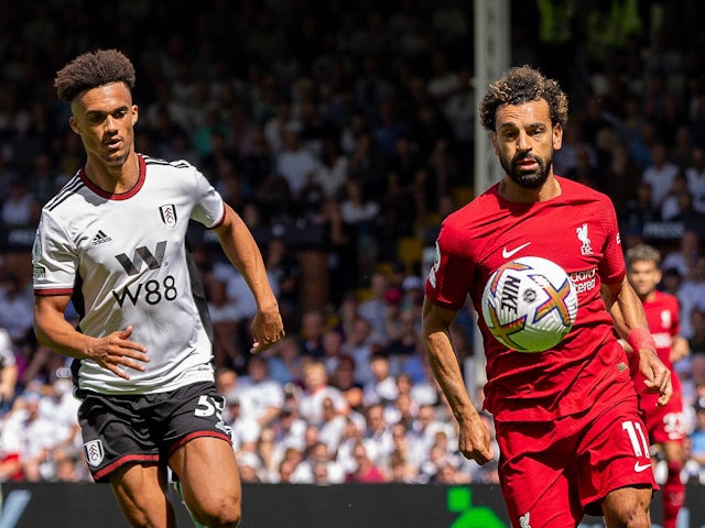 Liverpool's Mohamed Salah against Fulham's Antonee Robinson on August 6, 2022