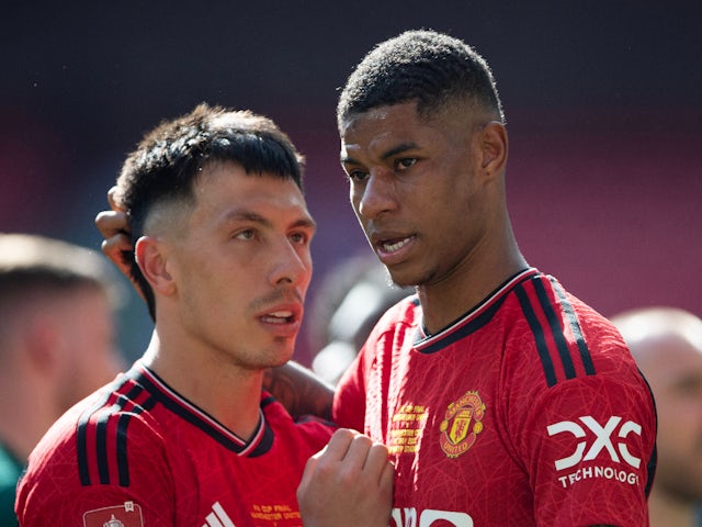 Manchester United's Lisandro Martinez and Marcus Rashford on May 25, 2024