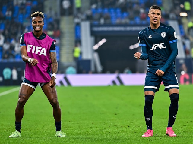  Nelson Deossa of Pachuca on the right celebrates a goal on December 11, 2024