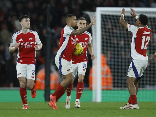 Arsenal players celebrate Gabriel Jesus' goal against Crystal Palace on December 18, 2024