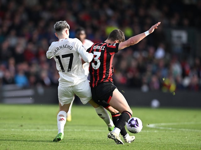 Manchester United's Alejandro Garnacho in action against Bournemouth on April 13, 2024